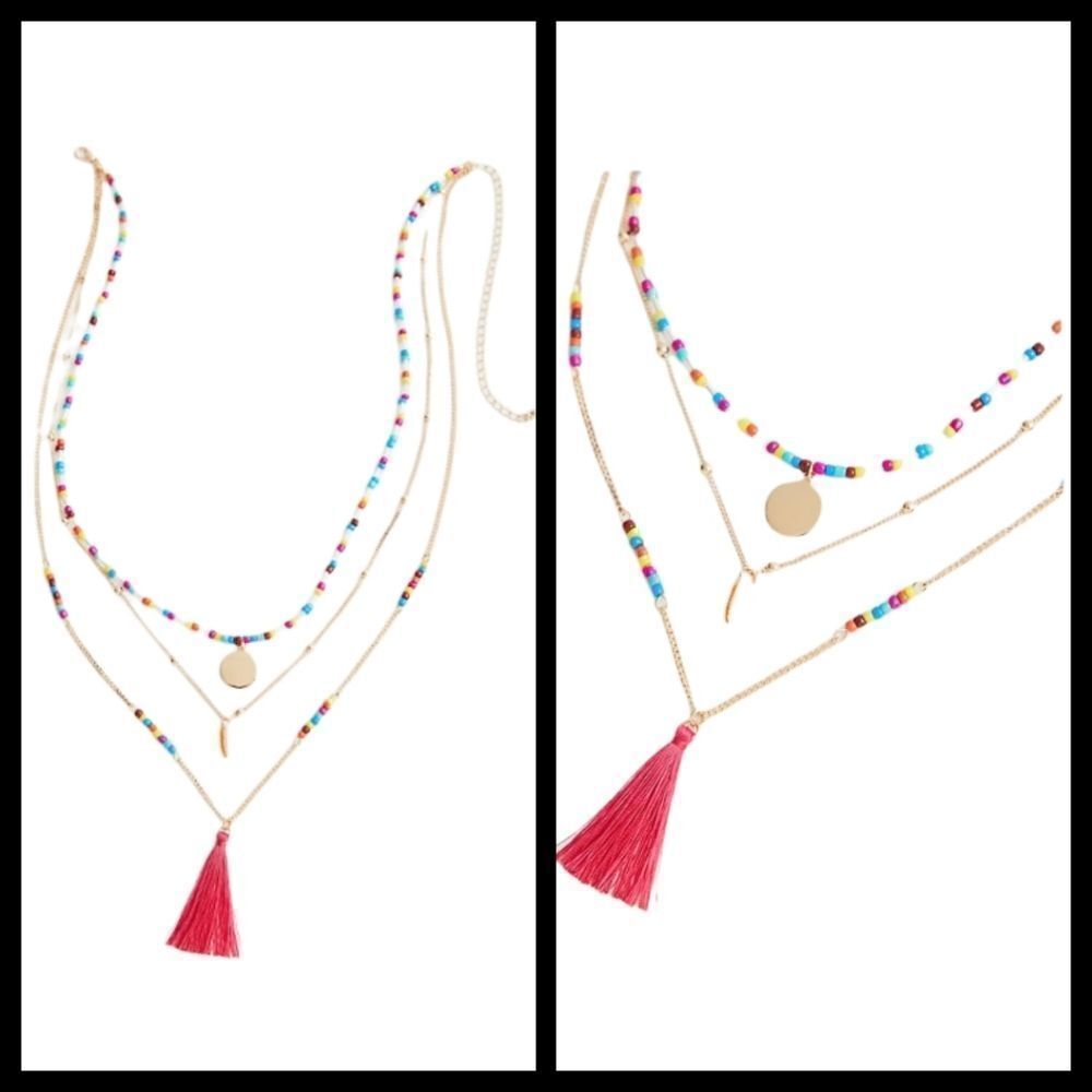 Gold tone chains colorful Beaded Tassel Necklace Layered 19in length Torrid Plus